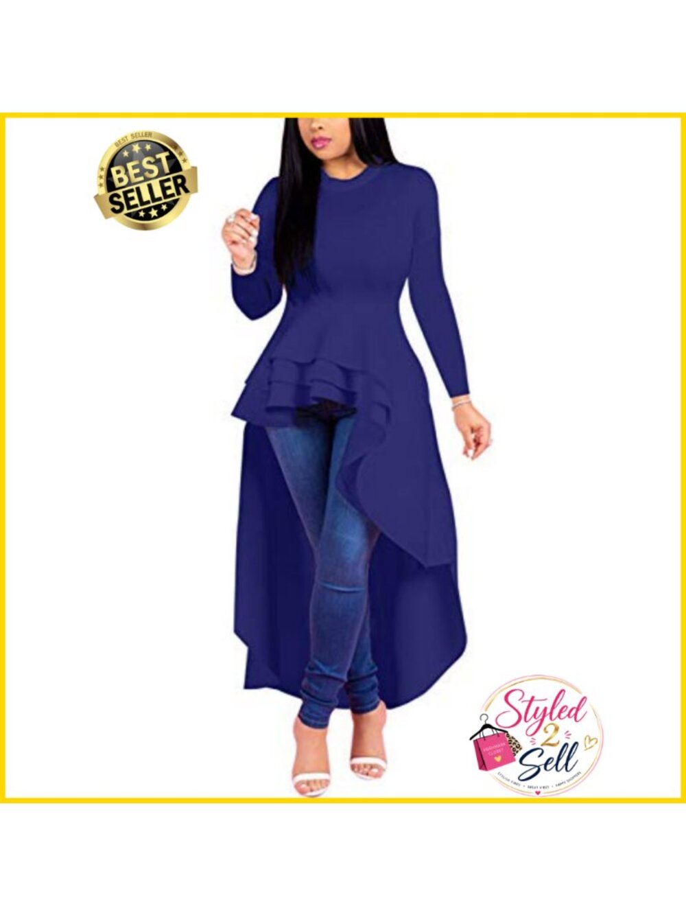 Women Ruffle High Low Asymmetrical Long Sleeve Peplum Blouse Dress - Picture 3 of 5